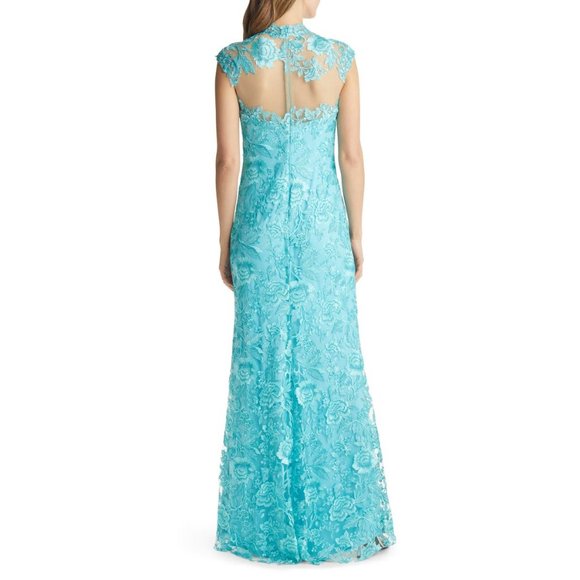 TADASHI SHOJI Embroidered Sheer Lace Mock Neck Gown Aqua 2 NEW - Picture 4 of 13